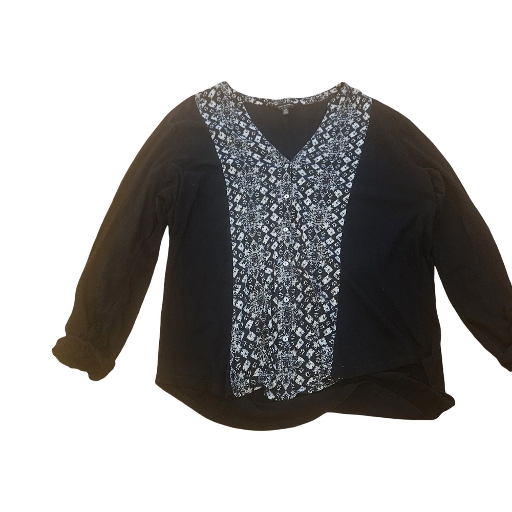 Lucky Brand Womens Black Geometric Print V-Neck Roll Tab Sleeve Blouse Large